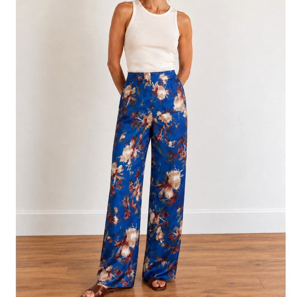 Misook Floral Trousers Satin Pants Wide Leg Flowy Blue Vacation Office -Medium